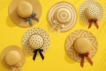 Fototapeta premium Stylish Beach Hats on Yellow Backdrop – Flat Lay Vacation Theme