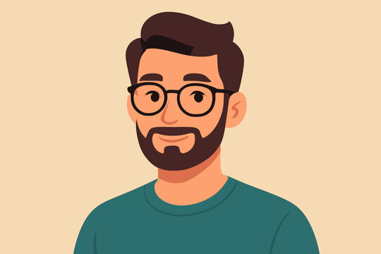 Modern flat vector illustration of young man with dark hair and beard wearing eyeglasses, casual teal shirt, minimalist cartoon portrait, male avatar, professional profile design
