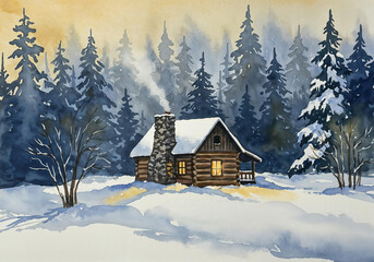 Watercolor winter log cabin landscape. Background cozy holiday scene.