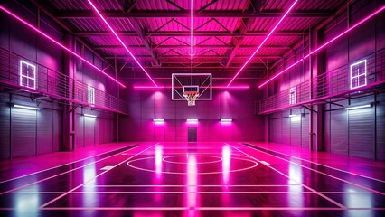 A futuristic basketball court glows with vibrant pink neon lights, creating a dynamic and stylish atmosphere in a modern indoor arena