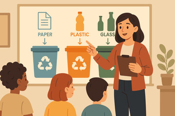 Teacher explaining waste sorting to students in a classroom. Lesson on recycling paper, plastic, and glass into separate bins. Environmental education and sustainability concept.