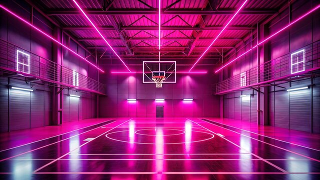 A futuristic basketball court glows with vibrant pink neon lights, creating a dynamic and stylish atmosphere in a modern indoor arena - Powered by Adobe