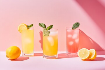 Refreshing citrus and mint beverages in glasses on pink background