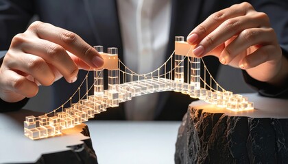 Person's hands constructing a bridge from glowing blocks, symbolizing building brand trust