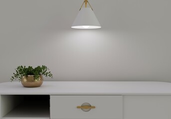 Luxury White and gold Home interior with plant and lamp. Empty space on table for home product presentation. Minimal 3d rendering.
