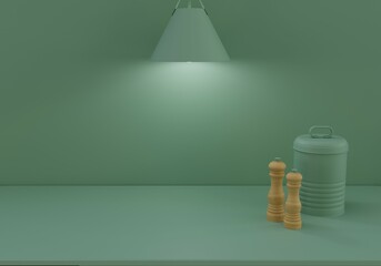 Minimal Green table counter mockup design for Bio Eco product presentation. Home Kitchen interior background. 3d rendering.
