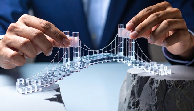 Building a bridge of trust with glowing blocks, a business metaphor