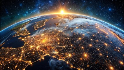 Obraz premium A stunning sunrise illuminates the european continent, showcasing a network of city lights connecting across the globe from space