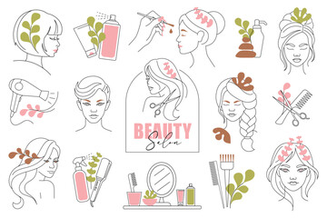 Hair and Face Branding Elements. Vector Line Art Icons for Beauty Logos