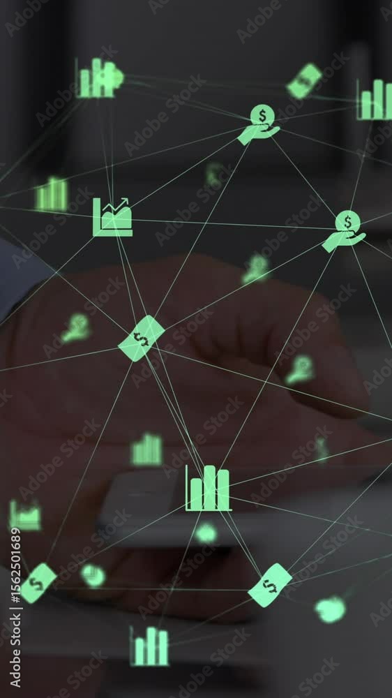 Poster animation of globe with network of connections with digital icons over man using smartphone