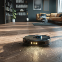 robot vacuum cleaning modern living room floor