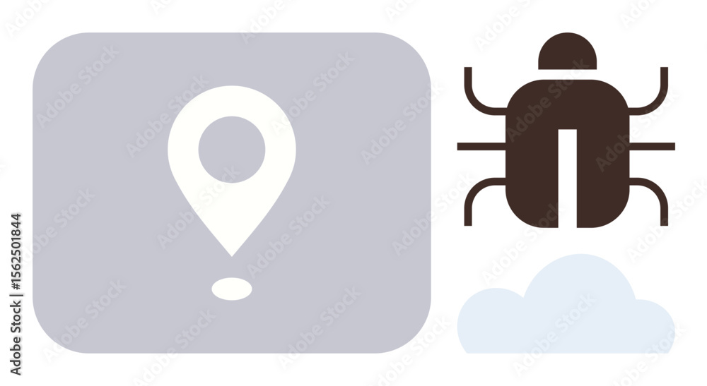 Poster location pin, bug icon, and cloud represent navigation, debugging, and cloud services. ideal for tec