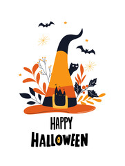 Witch Hat with Cat and Bats Cozy Halloween Greeting card. Autumn Halloween Flat Vector Illustration. Happy Halloween Card with Black Cat and Magic Hat