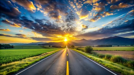 A long, straight road stretches towards a vibrant sunset over a picturesque landscape of green fields and distant mountains