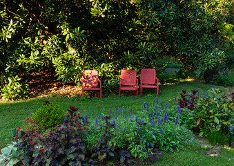 Three Red Metal Chairs in the Shade of a Tree with light Shining through