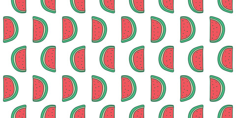Watermelon Halves Doodle Pattern. Seamless Print of piece of summer red fruit on white background. Simple, bright slices for fun children packaging design. Crooked Scribbles. Vector illustration