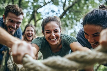 Energetic group tug-of-war outdoors: mixed young adults engaged in fun challenge