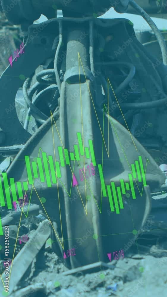 Poster animation of multiple graphs moving over garbage lifting crane on land at junkyard