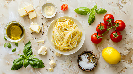 A view of cooking ingredients for a capellini pasta dish, dry capellini pasta