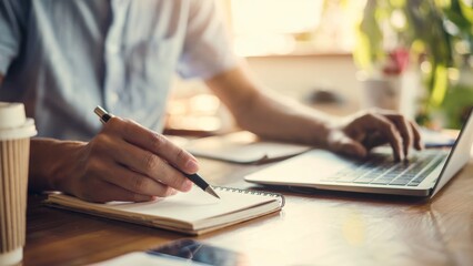 Focused individual working at a desk with laptop, notebook, and coffee in a cozy, naturally lit workspace—symbolizing productivity, remote work, and mindful study.