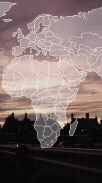 Animation of world map and data processing over london cityscape