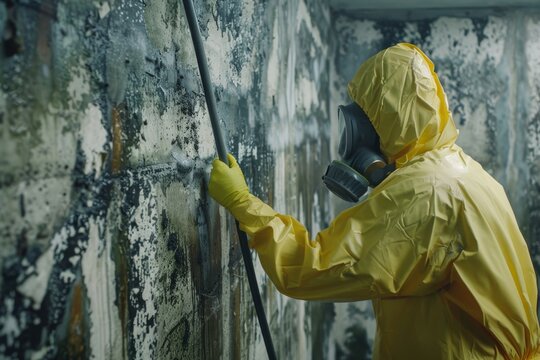 Mold remediation worker in protective gear cleaning contaminated walls