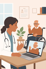 Telemedicine concept with doctor on video call with disabled senior patient in wheelchair. Online medical consultation for elderly man. Remote healthcare technology vector cartoon illustration.