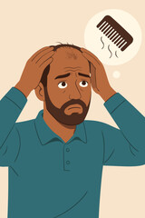 Obraz premium Stressed man worried about hair loss problem. Upset multiethnic character touching his balding head. Male pattern baldness, alopecia concept. Hair falling out. Vector illustration.
