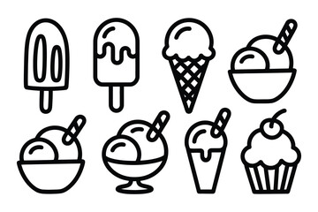 Black and White Ice Cream Treats Icons Set popsicle