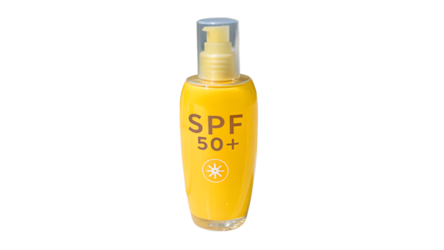 Yellow sunscreen bottle with spf 50 plus protection and a sun symbol isolated on transparent background isolated on white background