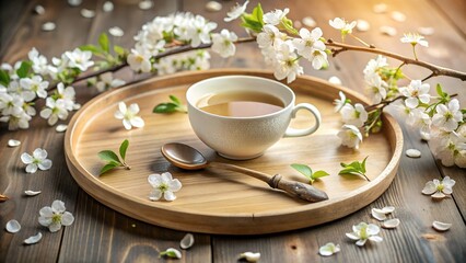 A delicate white teacup filled with steaming tea sits on a rustic wooden tray adorned with blossoming branches, creating a scene of springtime tranquility