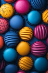 Obraz premium A selection of bright macaron treats arranged artfully on a blue surface, showcasing their vibrant hues and textures at a dessert shop