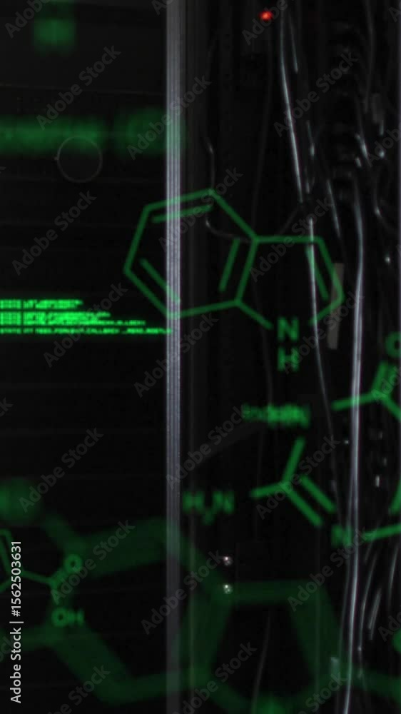 Poster animation of computer language and molecule structures against server room