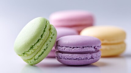 Obraz premium Delightful selection of macarons in green, purple, and yellow, showcasing their smooth texture and playful colors, perfect for dessert lovers