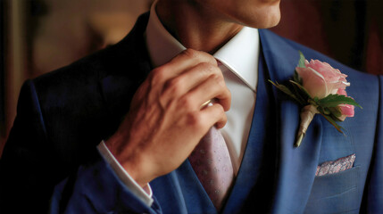 A close-up captures a well-dressed man elegantly adjusting his pink tie and boutonniere, perfectly prepared for a special occasion or wedding celebration.