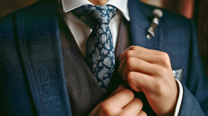 A close-up captures a well-dressed man elegantly adjusting his pink tie and boutonniere, perfectly prepared for a special occasion or wedding celebration.