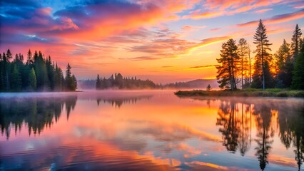 Obraz premium A breathtaking sunset over a tranquil lake, where the vibrant colors of the sky are mirrored in the still water, creating a scene of perfect serenity