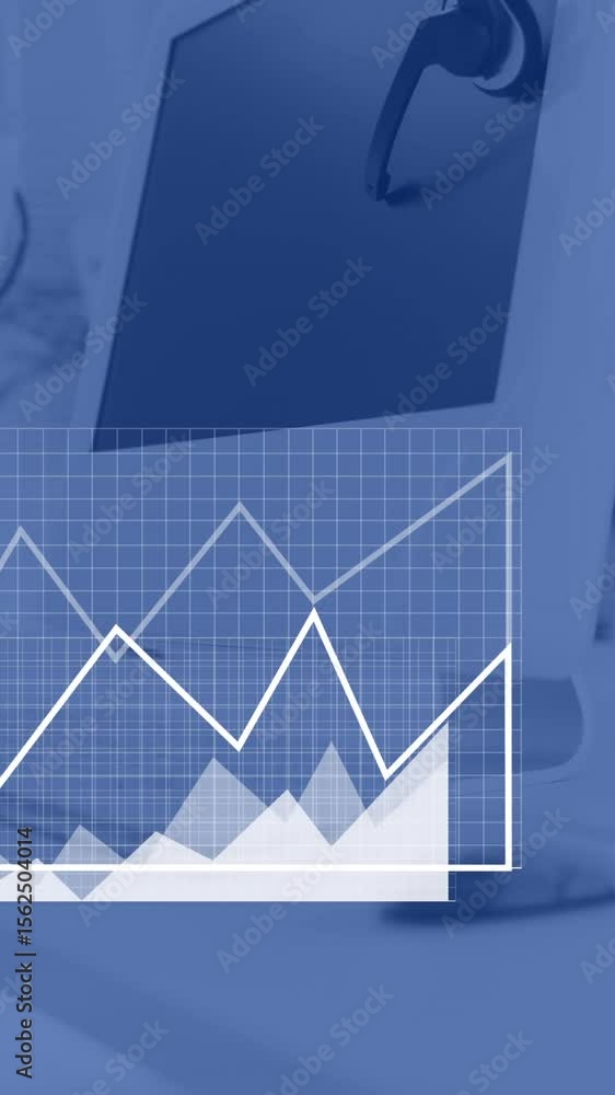 Poster animation of financial data processing over computer on desk in office