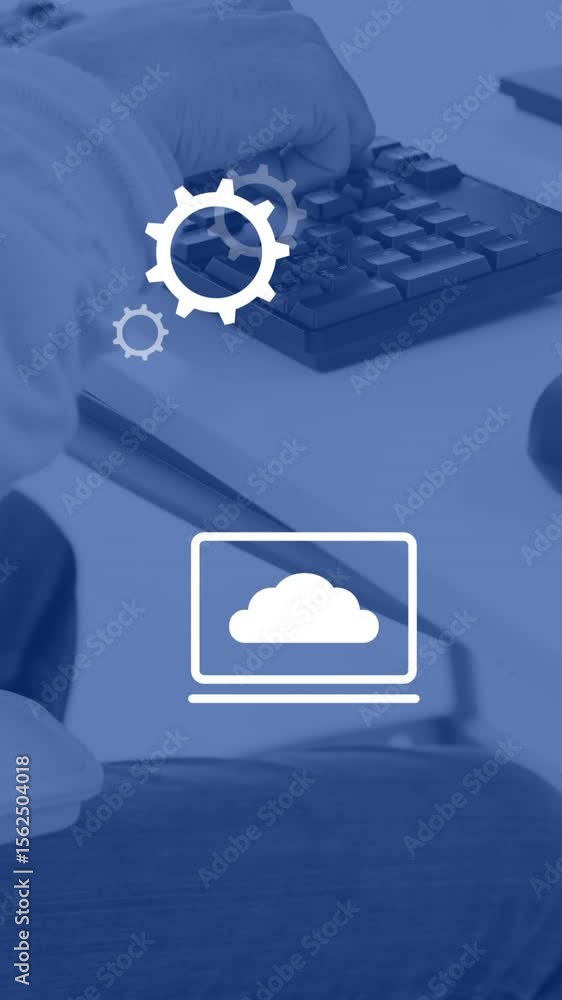 Poster animation of financial data processing over man using computer in office