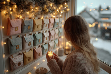 Woman holding candle by Advent calendar with cozy winter ambiance