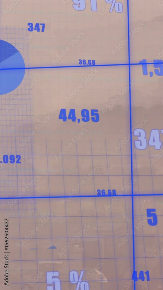 Poster animation of statistical data processing over grid network against aerial view of cityscape