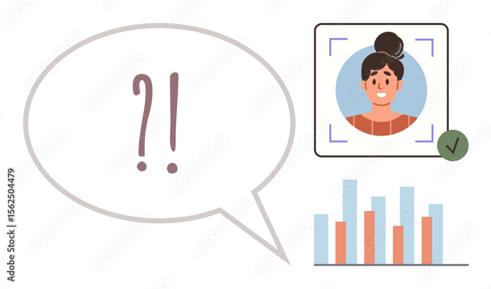 Poster speech bubble with punctuation, user profile photo in recognition frame, and bar chart visual. ideal