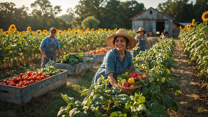 Diverse Group of People Working at Organic Farm HD. Perfect for illustrating farm-to-table, healthy living, or community projects.

