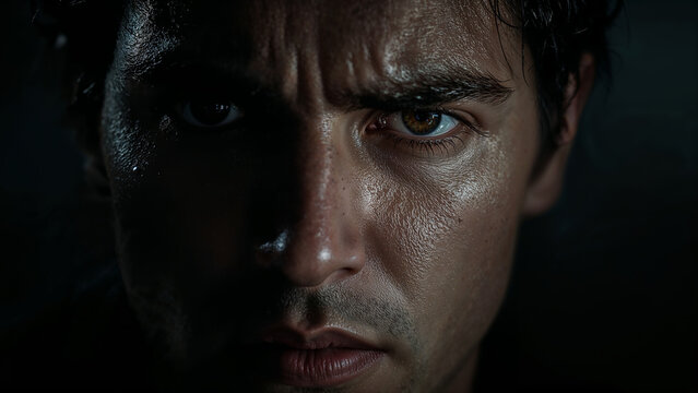 Intense Close-Up of Sweating Man's Face. Ideal for Sports, Training & Emotional Drama.

