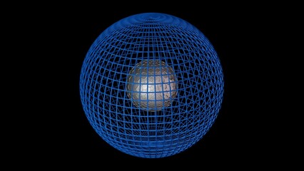 Hollow Earth. Small sphere inside large hollow sphere. Spherical wireframe shell with solid interior metallic ball inside. Metal core within wireframe outer shell. 3d render illustration.