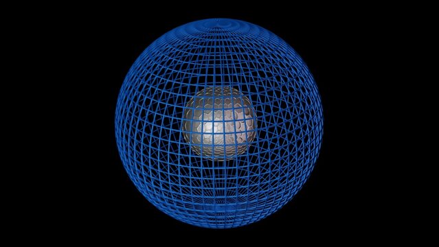 Hollow Earth. Small sphere inside large hollow sphere. Spherical wireframe shell with solid interior metallic ball inside. Metal core within wireframe outer shell. 3d render illustration.