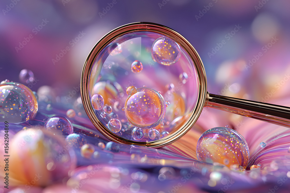 Poster abstract colorful bokeh background with magnifying glass highlighting glowing spherical shapes and f
