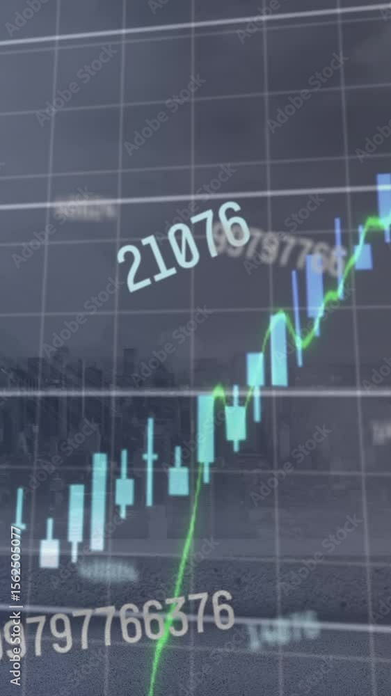 Poster animation of changing numbers over multiple graphs and cityscape against cloudy sky