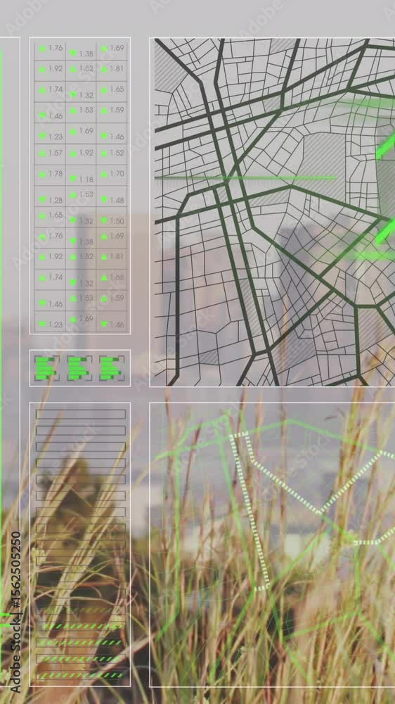 Poster animation of interface with data processing against aerial view of cityscape