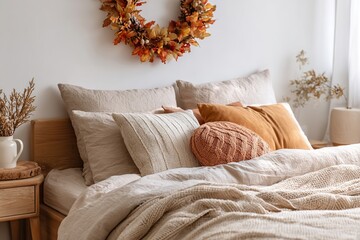 Cozy Scandinavian-inspired bedroom featuring beige tones and autumn decor for a warm atmosphere